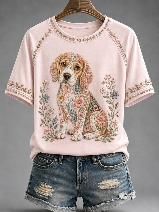 T-shirt décontracté pour femme à imprimé floral et motifs canins