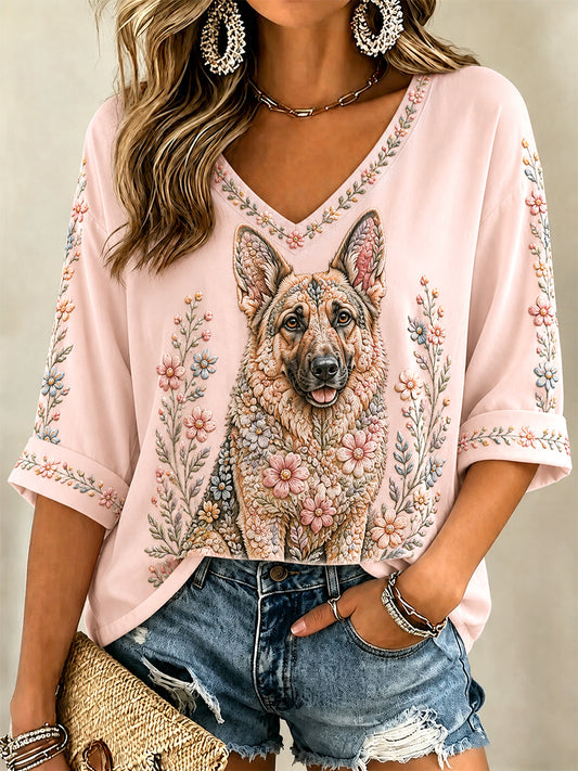 T-shirt décontracté à col en V et imprimé floral pour femmes