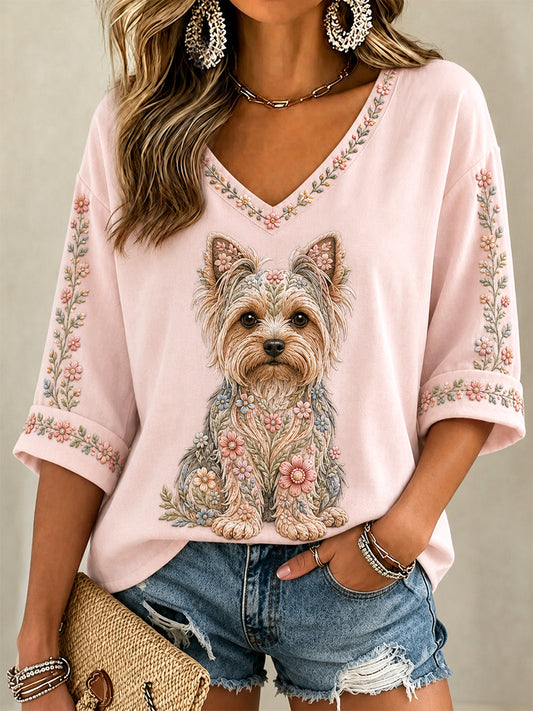 T-shirt décontracté à col en V et imprimé floral pour femmes