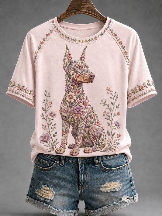 T-shirt décontracté pour femme à imprimé floral et motifs canins