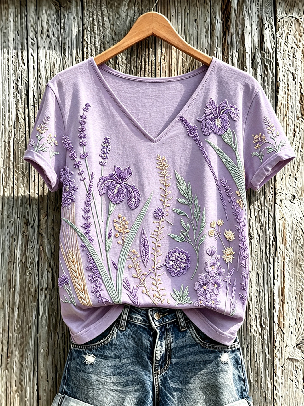 T-shirt décontracté pour femme à imprimé fleurs violette sur fond de plantes
