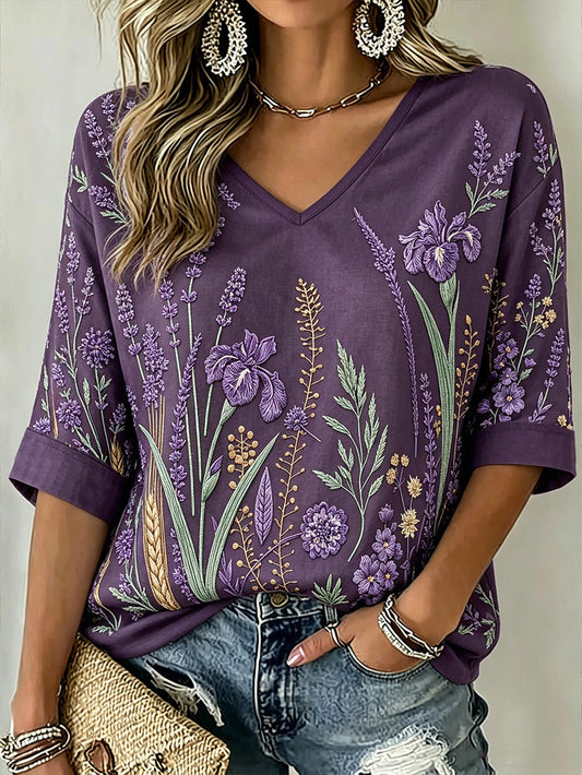 T-shirt femme à manches mi-longues et col en V, imprimé motif végétal violet