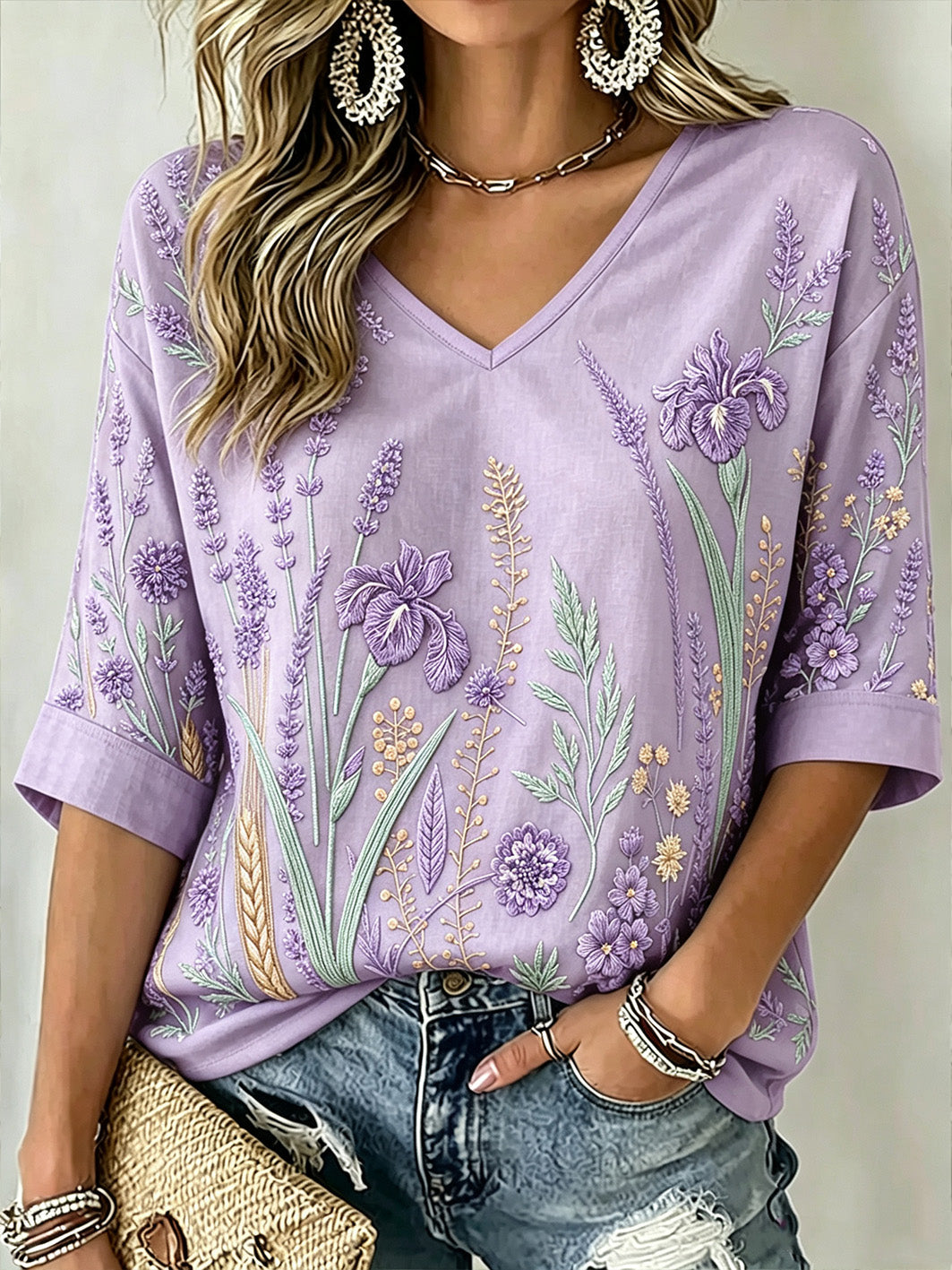T-shirt femme à manches mi-longues et col en V, imprimé motif végétal violet