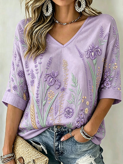 T-shirt femme à manches mi-longues et col en V, imprimé motif végétal violet