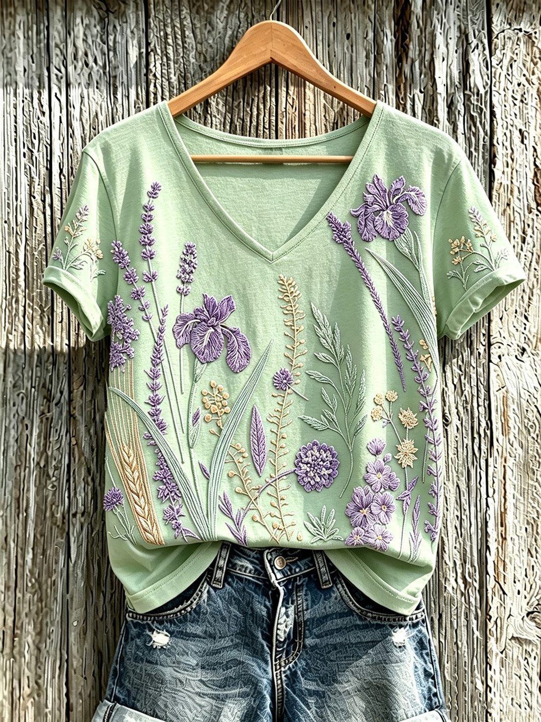 T-shirt décontracté pour femme à imprimé fleurs violette sur fond de plantes