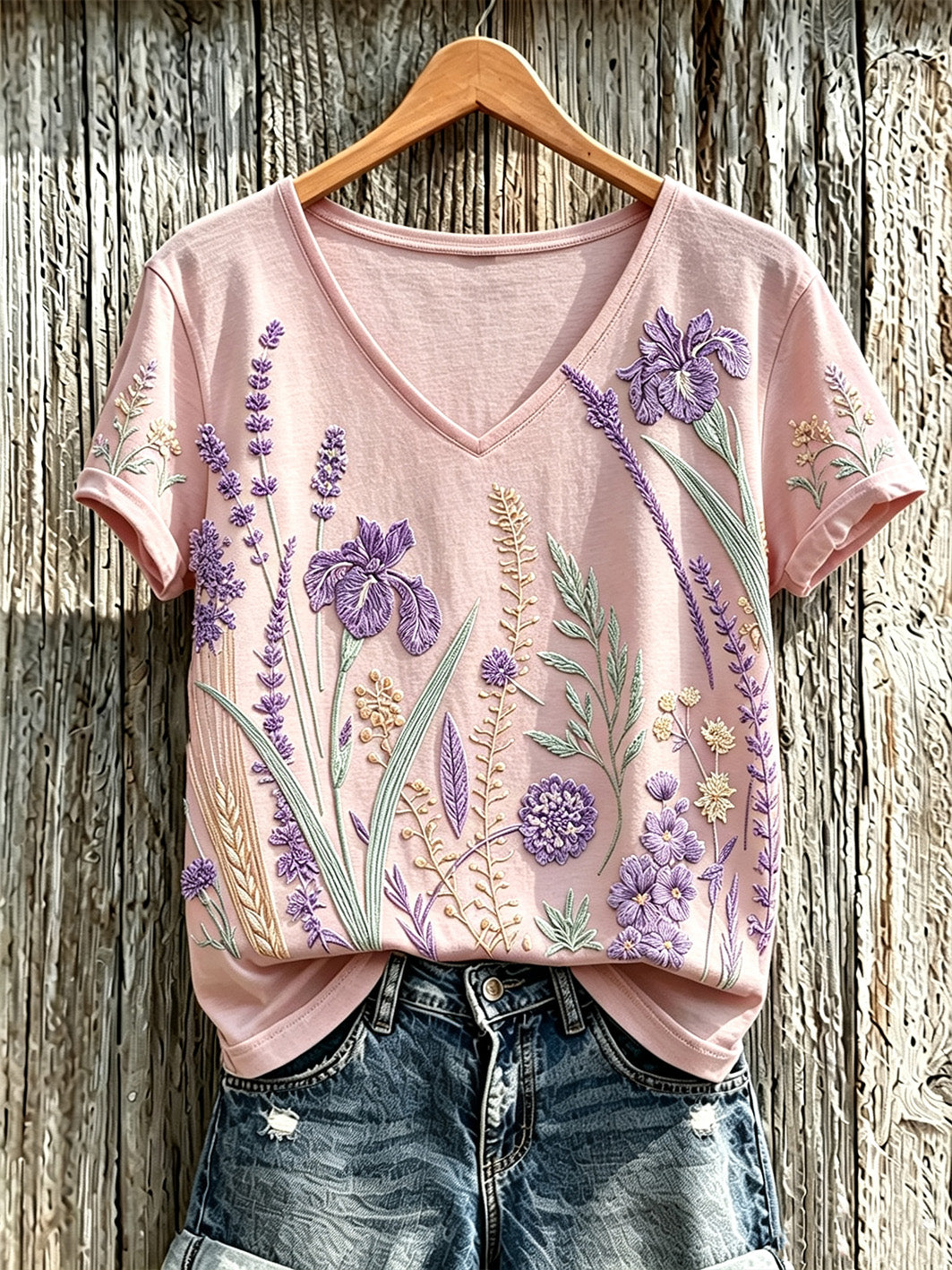 T-shirt décontracté pour femme à imprimé fleurs violette sur fond de plantes