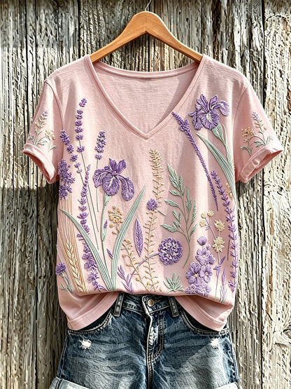 T-shirt décontracté pour femme à imprimé fleurs violette sur fond de plantes