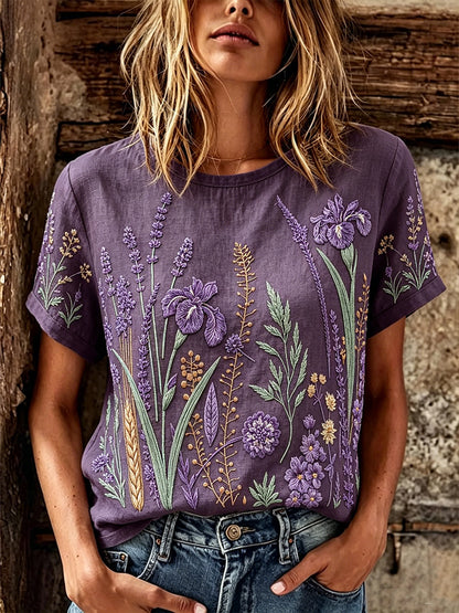 T-shirt décontracté en lin à manches courtes pour femme, imprimé motif fleurs et plantes violet