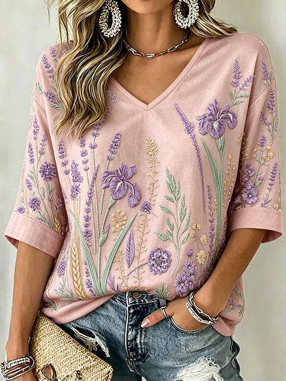 T-shirt femme à manches mi-longues et col en V, imprimé motif végétal violet