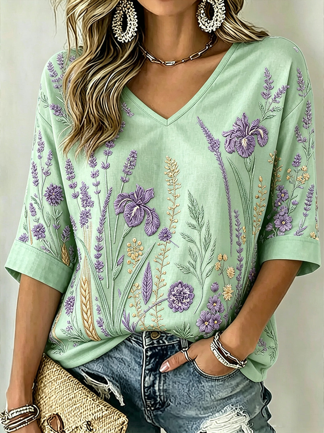 T-shirt femme à manches mi-longues et col en V, imprimé motif végétal violet