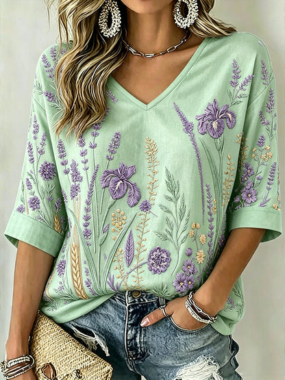 T-shirt femme à manches mi-longues et col en V, imprimé motif végétal violet