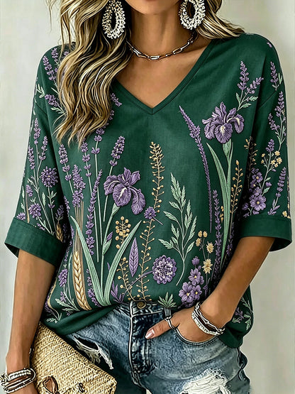 T-shirt femme à manches mi-longues et col en V, imprimé motif végétal violet