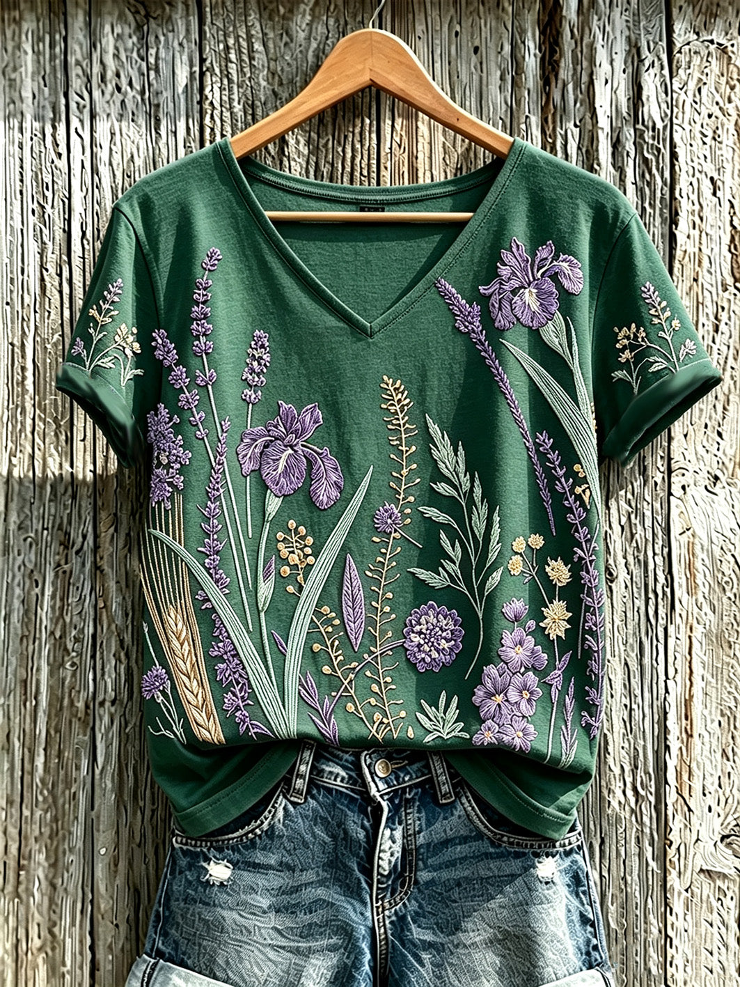 T-shirt décontracté pour femme à imprimé fleurs violette sur fond de plantes