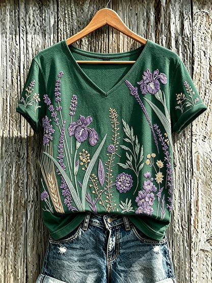 T-shirt décontracté pour femme à imprimé fleurs violette sur fond de plantes