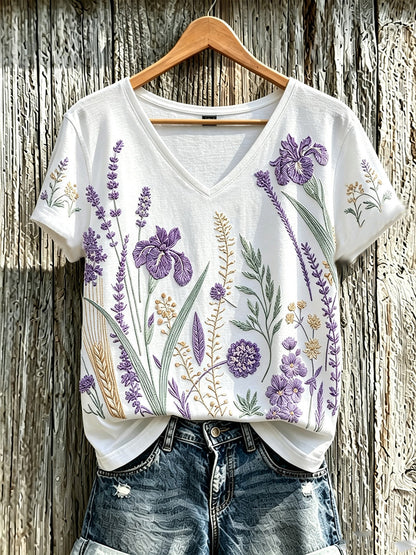 T-shirt décontracté pour femme à imprimé fleurs violette sur fond de plantes