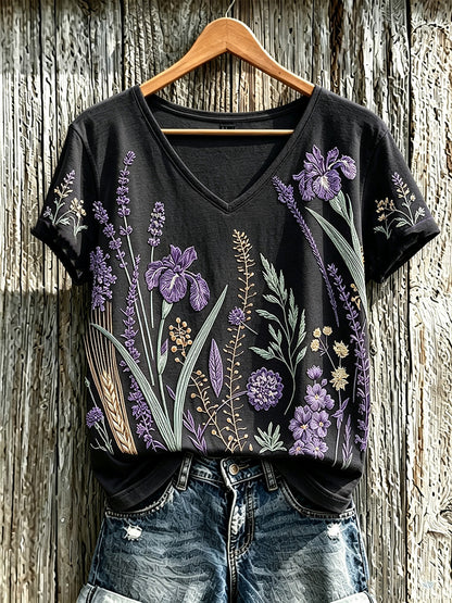 T-shirt décontracté pour femme à imprimé fleurs violette sur fond de plantes