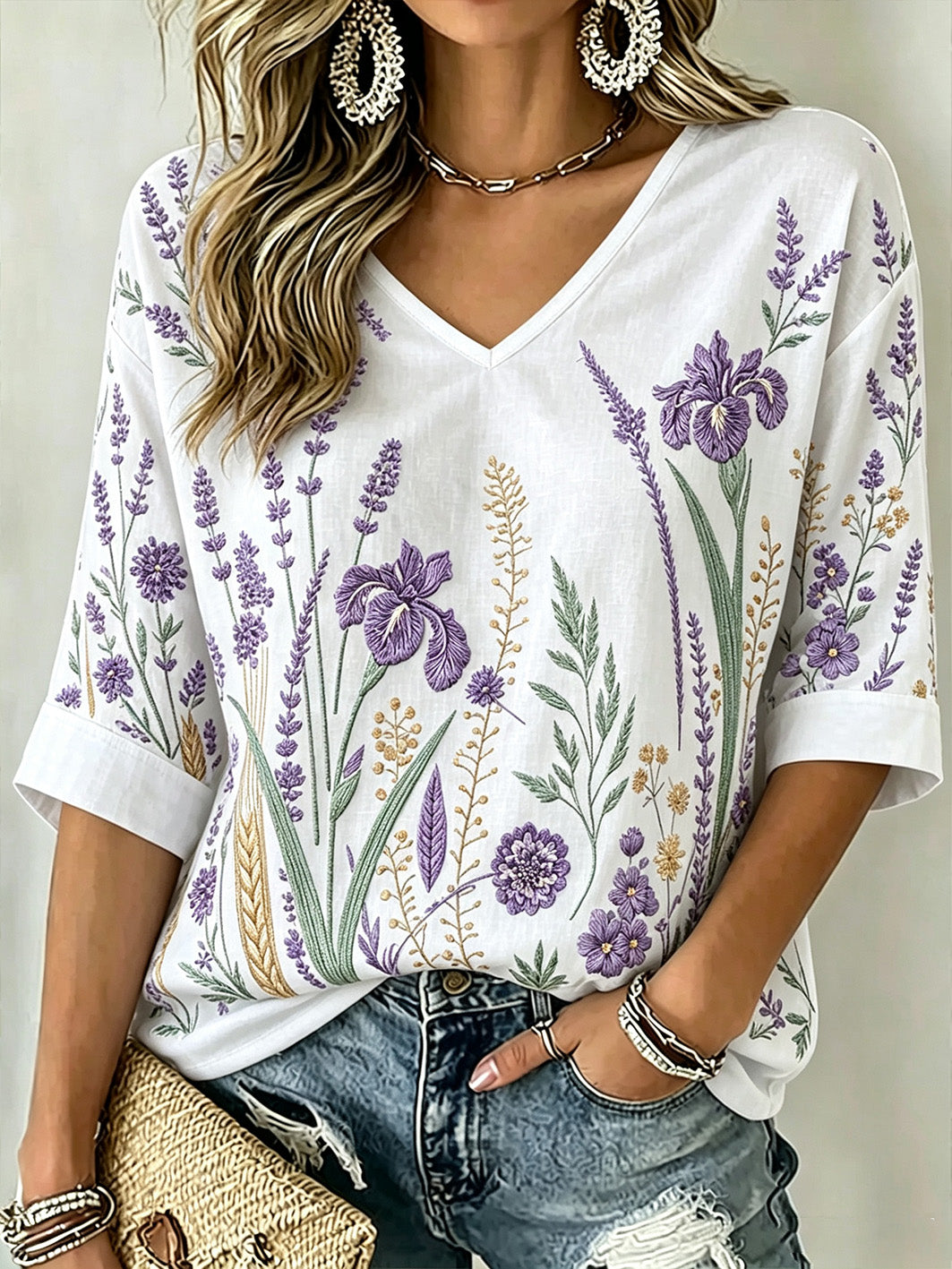T-shirt femme à manches mi-longues et col en V, imprimé motif végétal violet