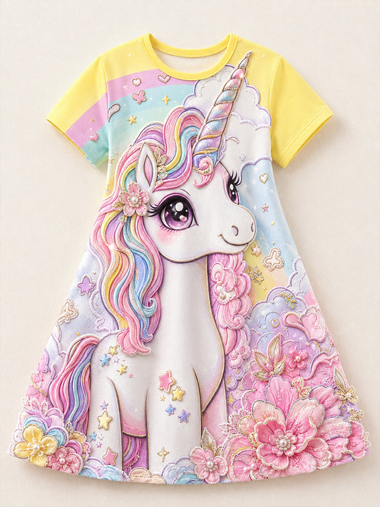 Robe décontractée avec impression artistique d’un cheval arc-en-ciel pour filles