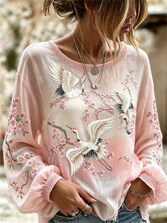 Chemise en coton-lin au motif japonais élégant représentant des grues volantes et des fleurs de cerisier pour femme