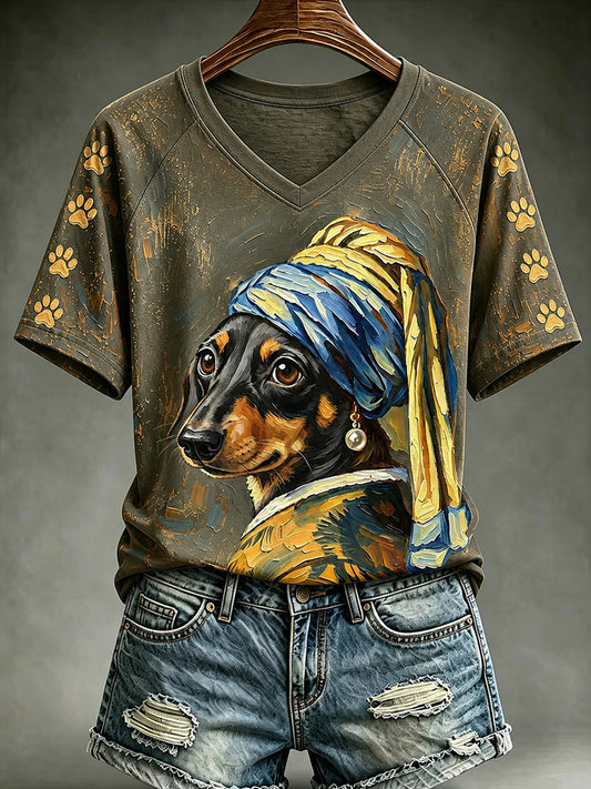 Vintage Cute Dog V-cou Off-épaule T-shirt à manches courtes pour femmes