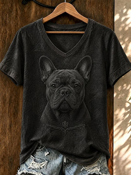 T-shirt à manches courtes à col en V Vintage Dog Art pour femmes