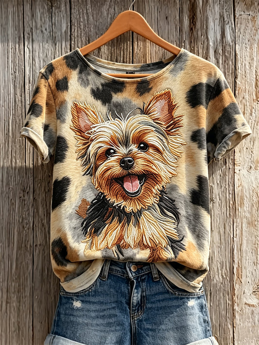 T-shirt à manches courtes imprimé pour femmes, motif manteau de Yorkshire terrier et chien