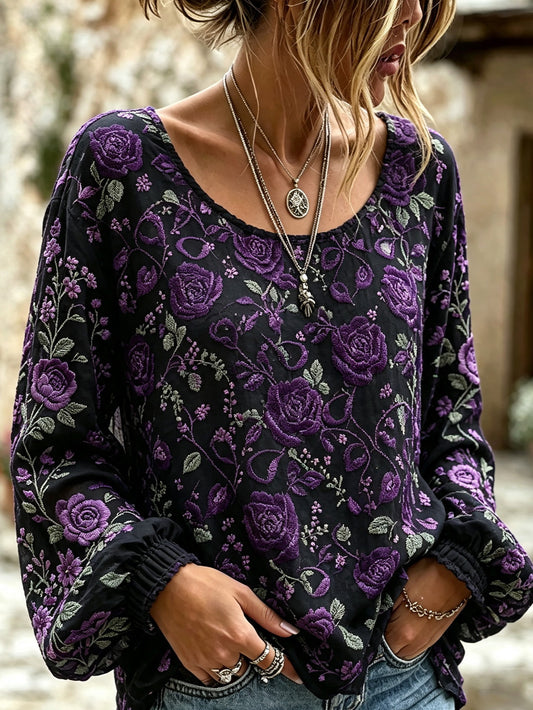 Chemise en coton-lin pour femme, imprimée de motifs floraux violets