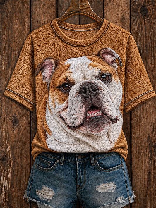 T-shirt à manches courtes col rond Art Bulldog anglais mignon pour femmes