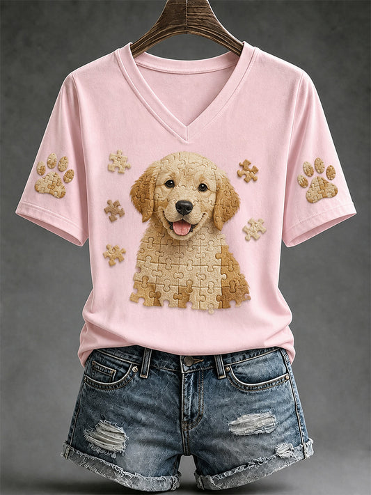 T-shirt col V pour femmes avec imprimé pièce de puzzle et chien
