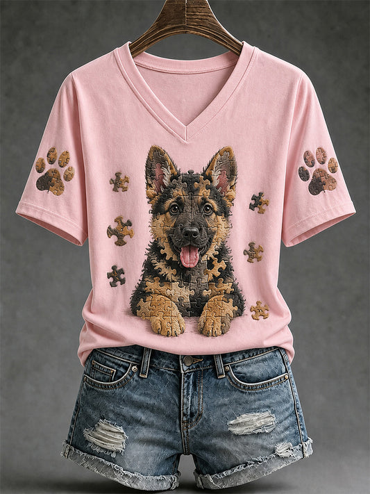 Tee-shirt Femme Puzzle Piece Dog Print V-Neck