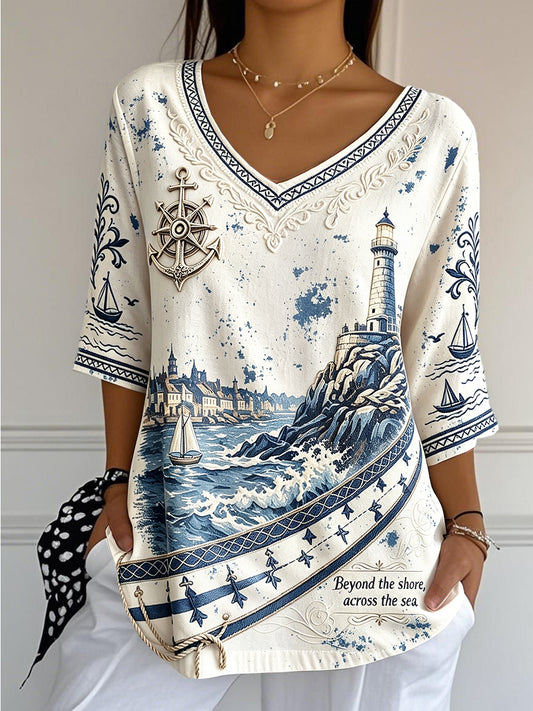 T-shirt décontracté en coton-lin pour femme, imprimé phare de Bretagne, col en V, style frais