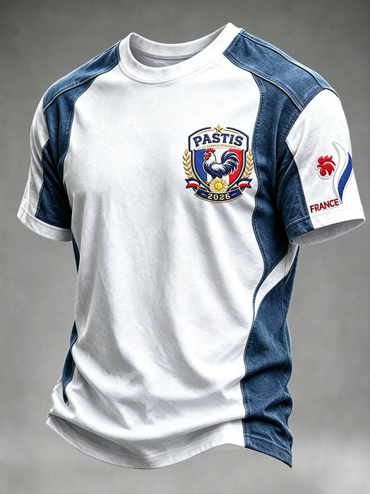 T-shirt décontracté pour homme à imprimé patchwork coq français et pastis