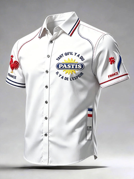 Chemise décontractée blanche à manches courtes pour homme, imprimé Pastis français