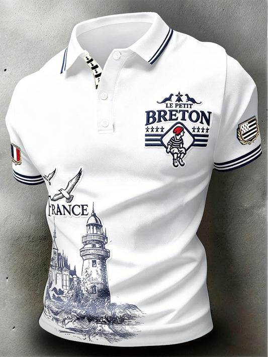 Polo Homme Blanc Minimaliste Imprimé Style Breton Blanc