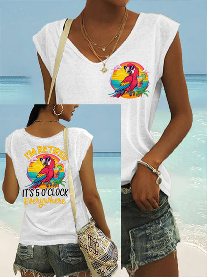T-shirt décontracté sans manches à imprimé perroquet pour femme I'm Retired It's 5 O'clock Everywhere