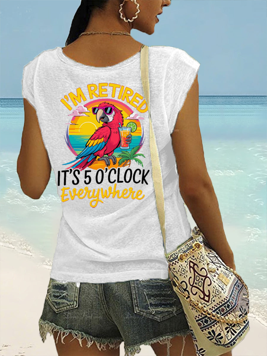 T-shirt décontracté sans manches à imprimé perroquet pour femme I'm Retired It's 5 O'clock Everywhere