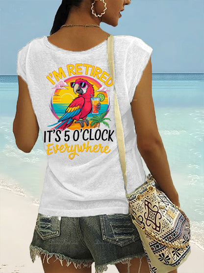 T-shirt décontracté sans manches à imprimé perroquet pour femme I'm Retired It's 5 O'clock Everywhere