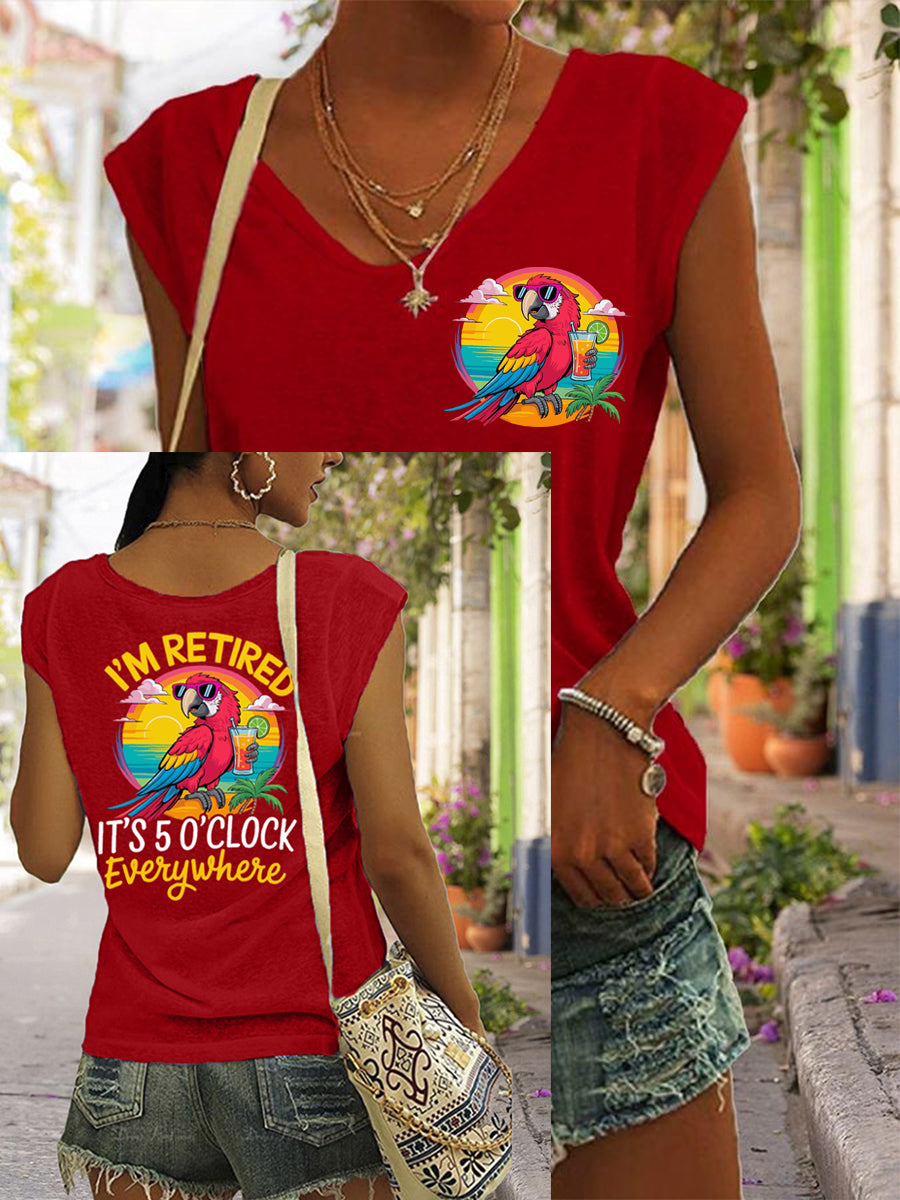 T-shirt décontracté sans manches à imprimé perroquet pour femme I'm Retired It's 5 O'clock Everywhere