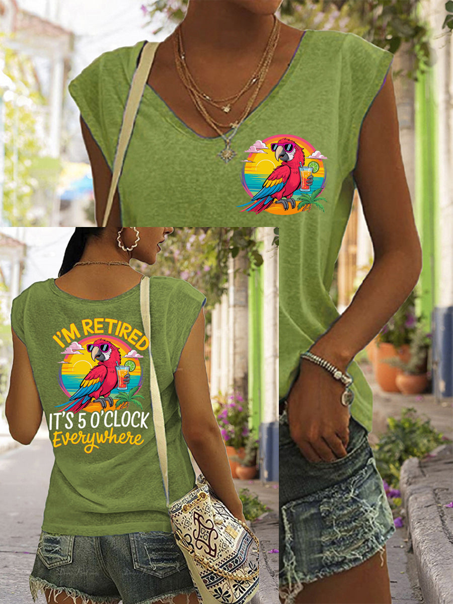 T-shirt décontracté sans manches à imprimé perroquet pour femme I'm Retired It's 5 O'clock Everywhere
