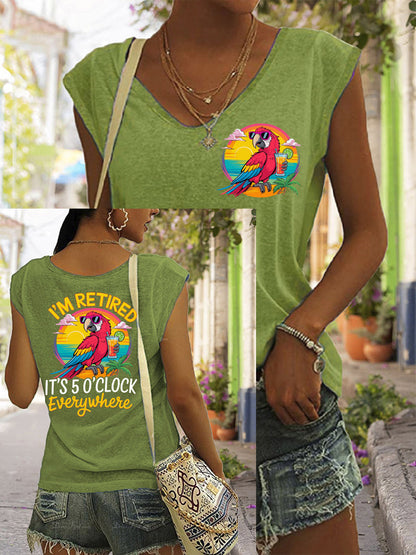 T-shirt décontracté sans manches à imprimé perroquet pour femme I'm Retired It's 5 O'clock Everywhere