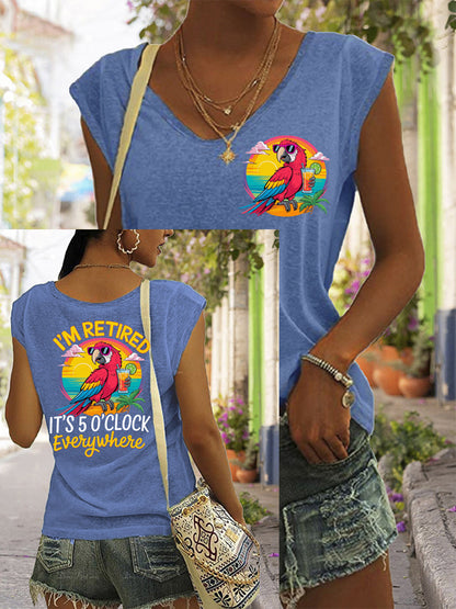 T-shirt décontracté sans manches à imprimé perroquet pour femme I'm Retired It's 5 O'clock Everywhere