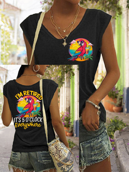 T-shirt décontracté sans manches à imprimé perroquet pour femme I'm Retired It's 5 O'clock Everywhere
