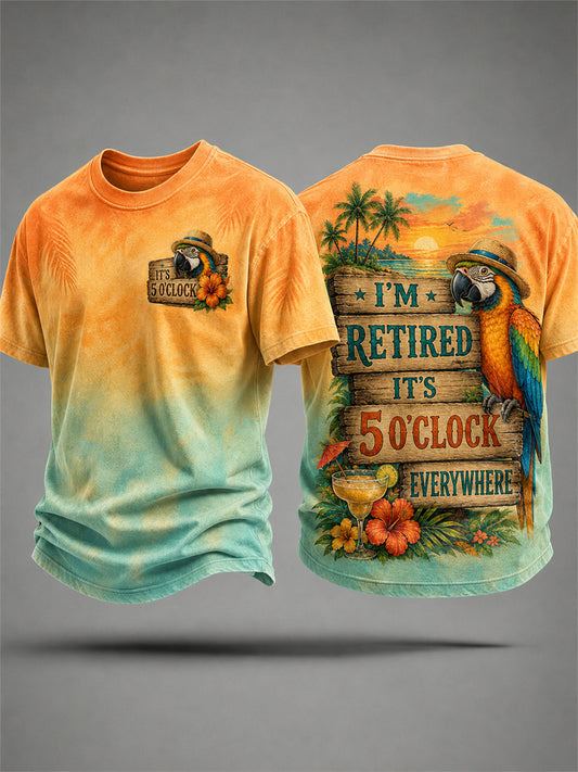 T-shirt décontracté pour homme avec imprimé «Je suis à la retraite, il est 17 heures partout» et perroquet