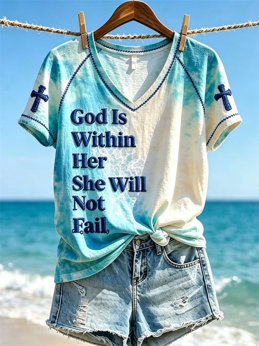 Women's God is in He Will Not Fail Beach Sea Waves Print T-shirt à manches courtes