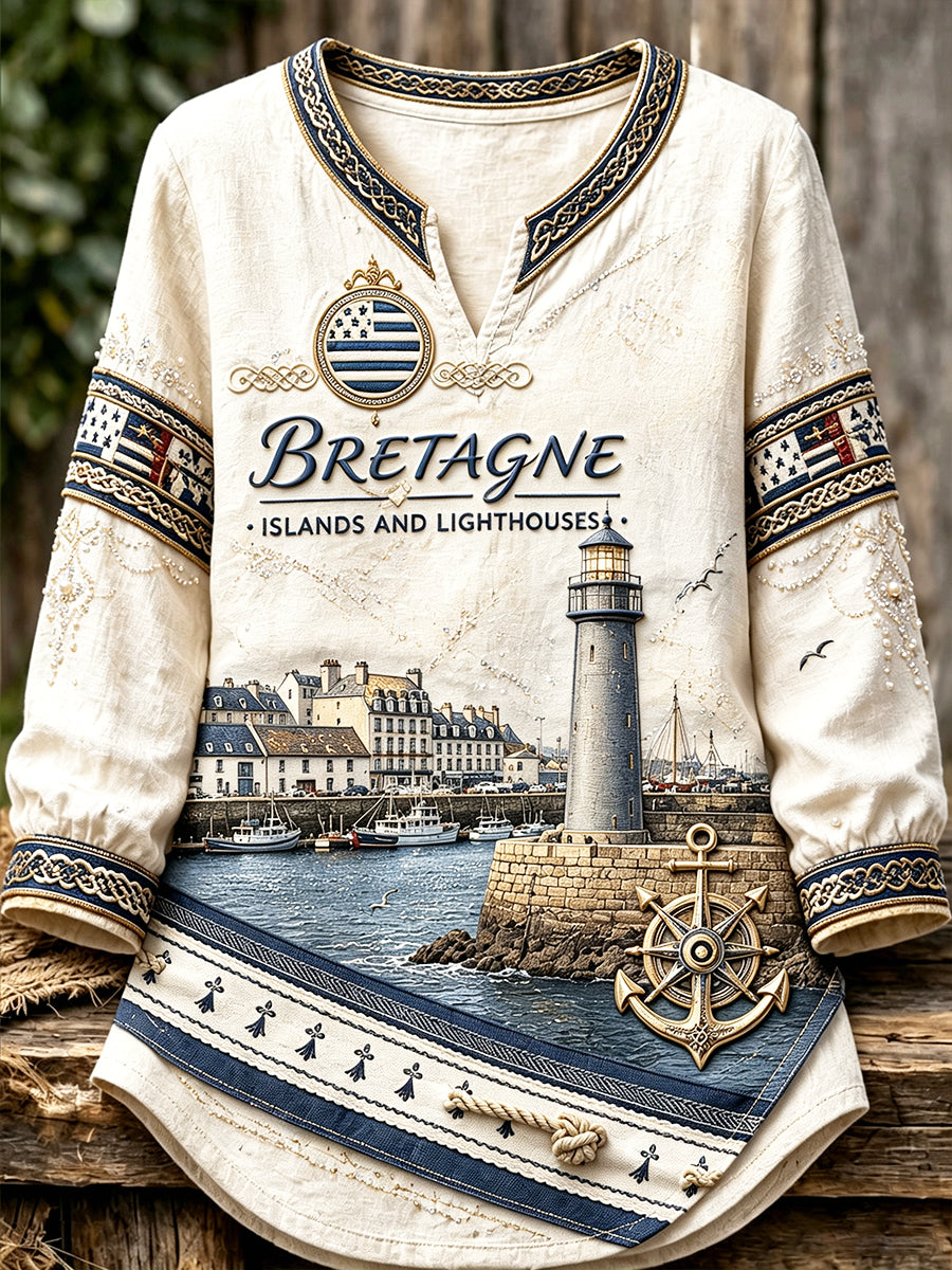 T-shirt femme en coton-lin léger à manches longues, col V, imprimé port breton français