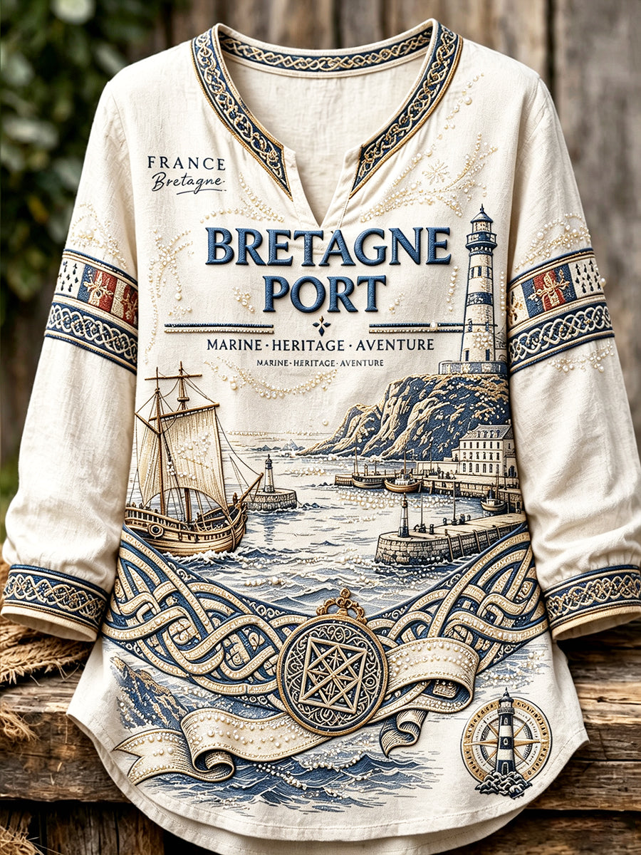 T-shirt femme en coton-lin léger à manches longues, col en V, imprimé marin breton français