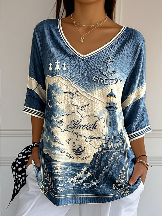 T-shirt été frais en coton-lin à col V, imprimé français de Bretagne, dégradé bleu profond pour femme