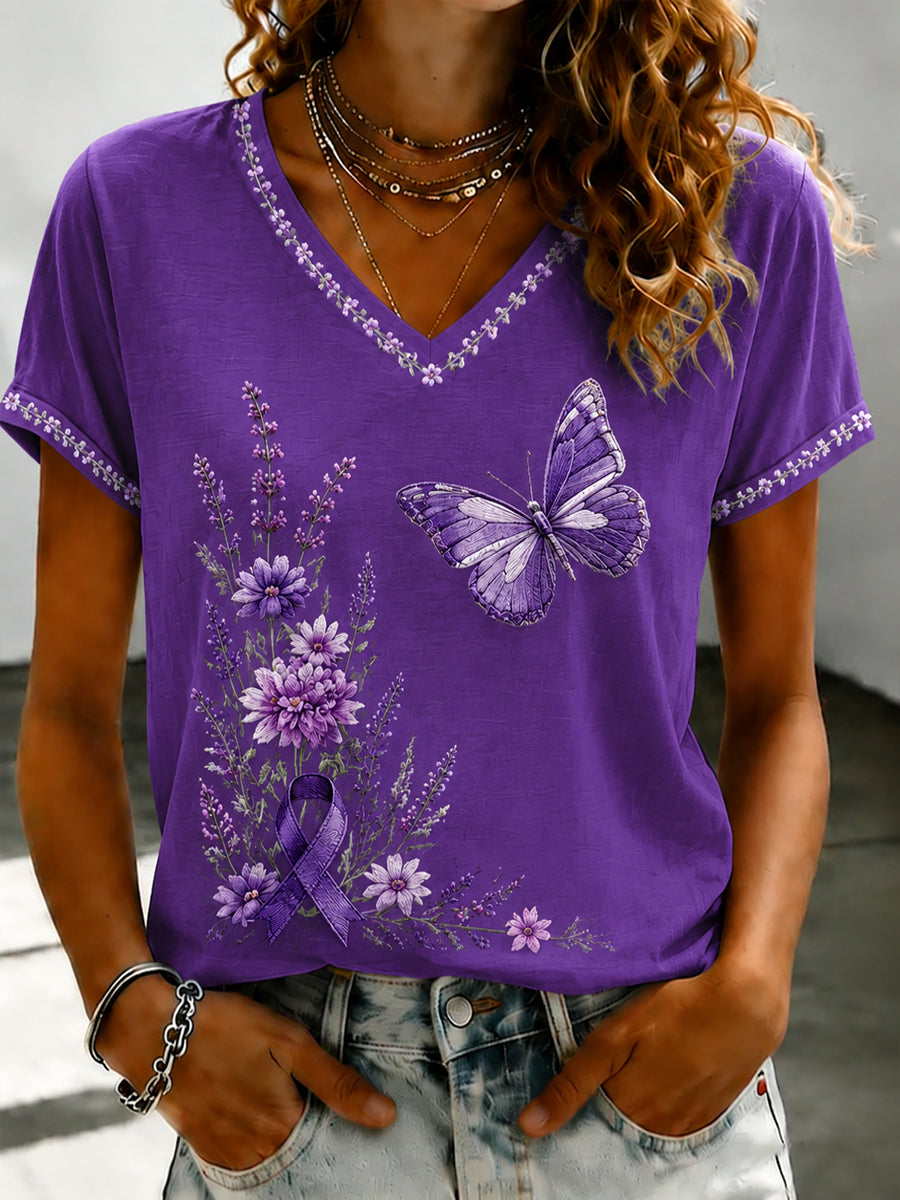 T-shirt Femme Violet Imprimé Flora Art Col V