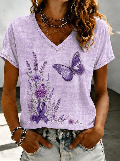 T-shirt Femme Violet Imprimé Flora Art Col V