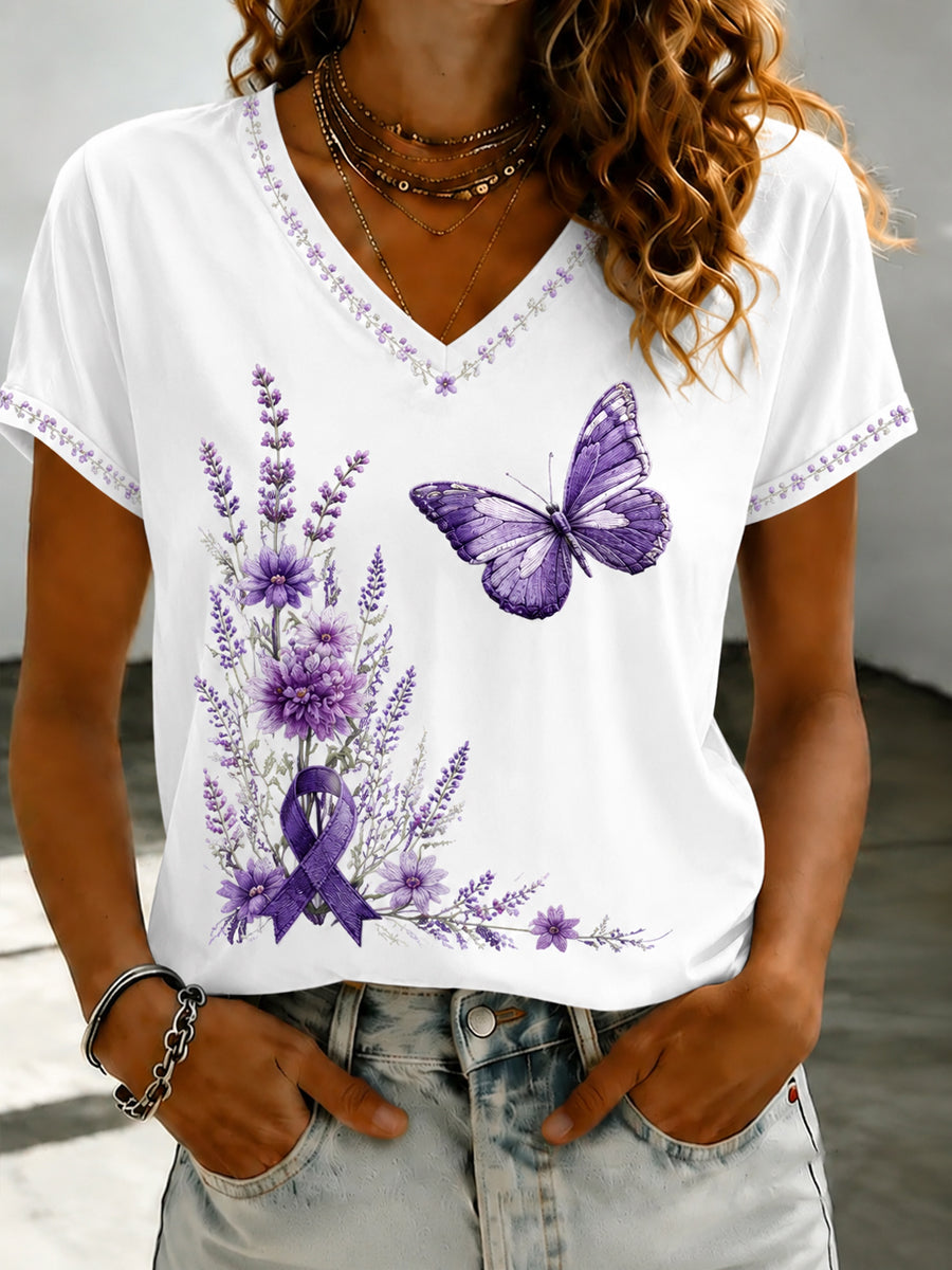 T-shirt Femme Violet Imprimé Flora Art Col V